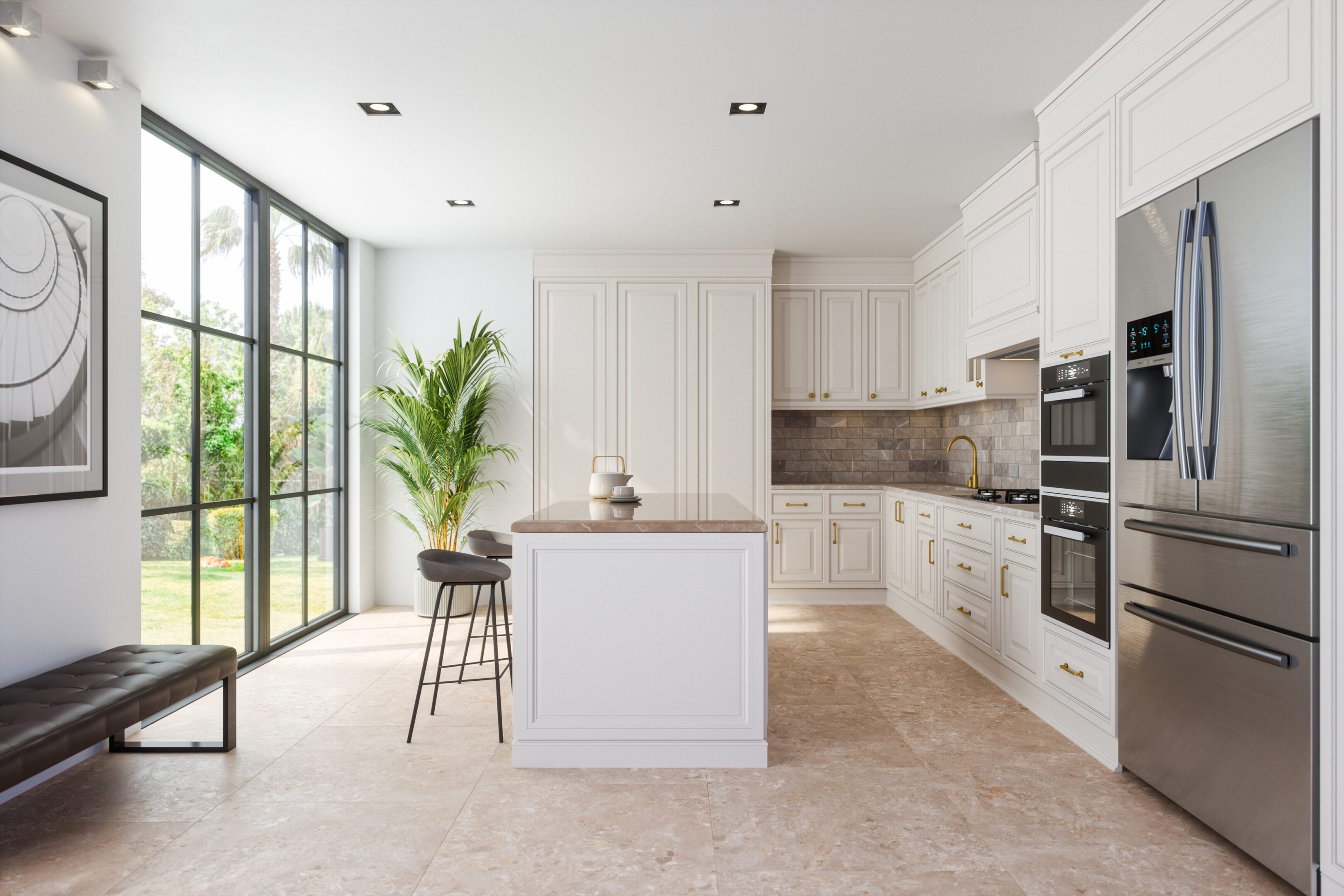 A kitchen with white cabinets and tile floors.