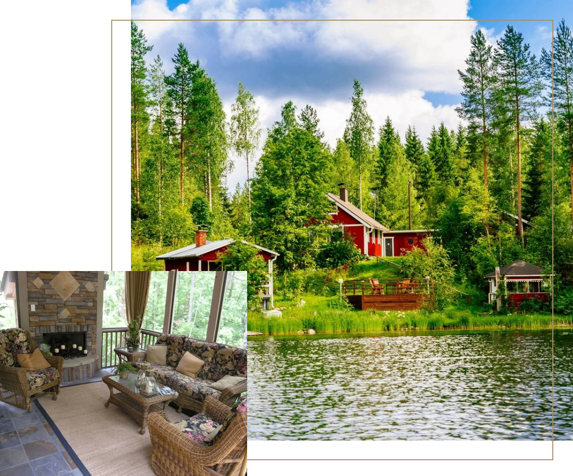 task 18 A picture of a cabin in the woods with a lake.