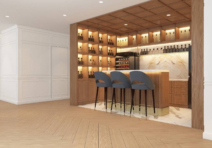 New Project (5) A bar with three chairs and bottles of wine on the wall.